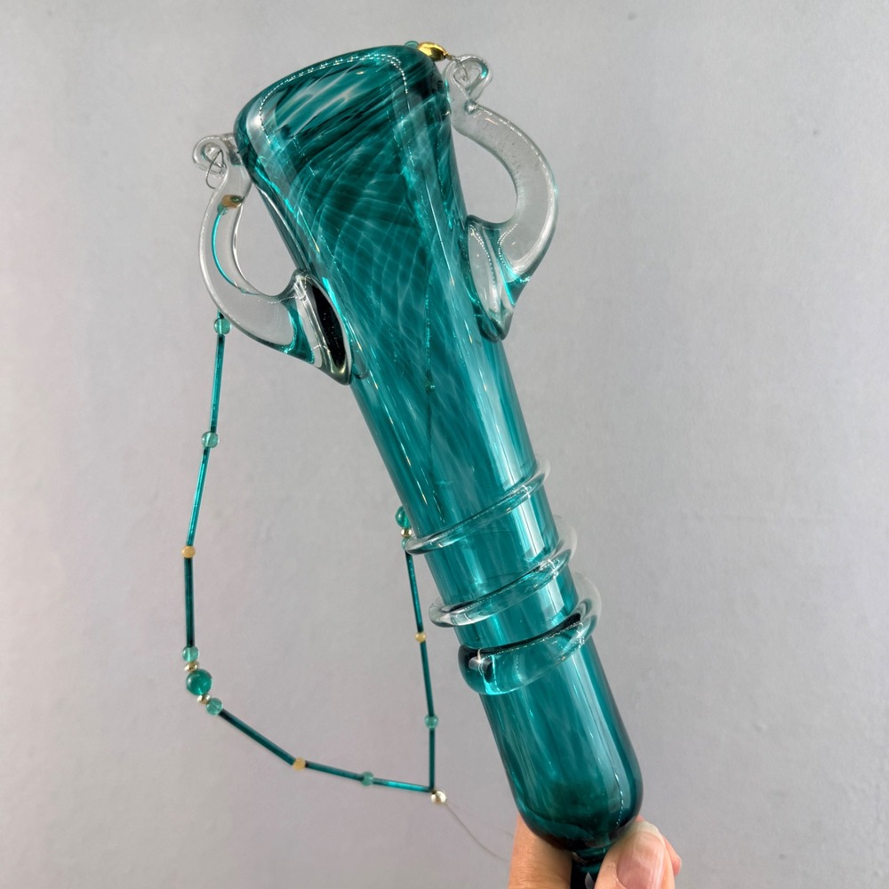 Dave Kendall Signed Art Glass Hanging Propagation‎ Vase Teal Swirl MCM Style